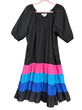 VTG Lady Ronté Black Colorblock Drop Waist Puff Sleeve Midi MuMu Dress Size L